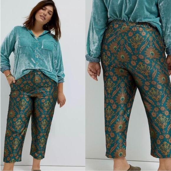 Anthropologie Maeve Melyssa Metallic Jade Paisley Jacquard Trousers Size Large - Picture 1 of 7